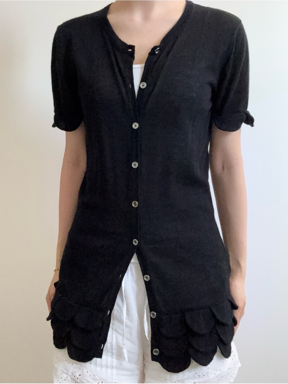 Burberry Black Cashmere Short-Sleeve Button Knit Top/Cardigan - Scalloped Hem